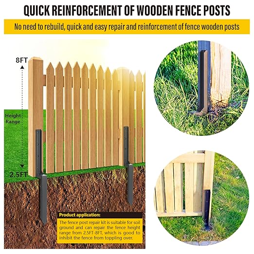 Epcee Heavy Duty Steel Fence Post Repair Stakes, Fence Post Anchor Ground Spike, for Repair Tilted/Broken Wood Fence Post (1 Pack/Black