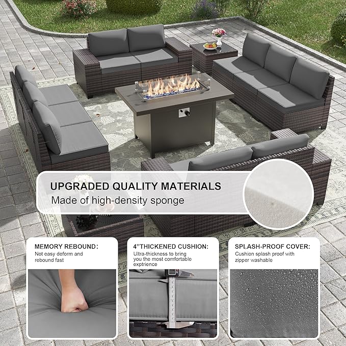 Kullavik 13 Pieces Outdoor Patio Furniture Set with 43" 55000BTU Gas Propane Fire Pit Table PE Wicker Rattan Sectional Sofa Patio Conversation Sets,Grey