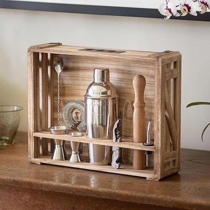 Cocktail Mixology Bartender Kit with Rustic Wood Stand - 11 Piece Bartender Bar Tool Set Cocktail Drink Mixer Shaker Set f...