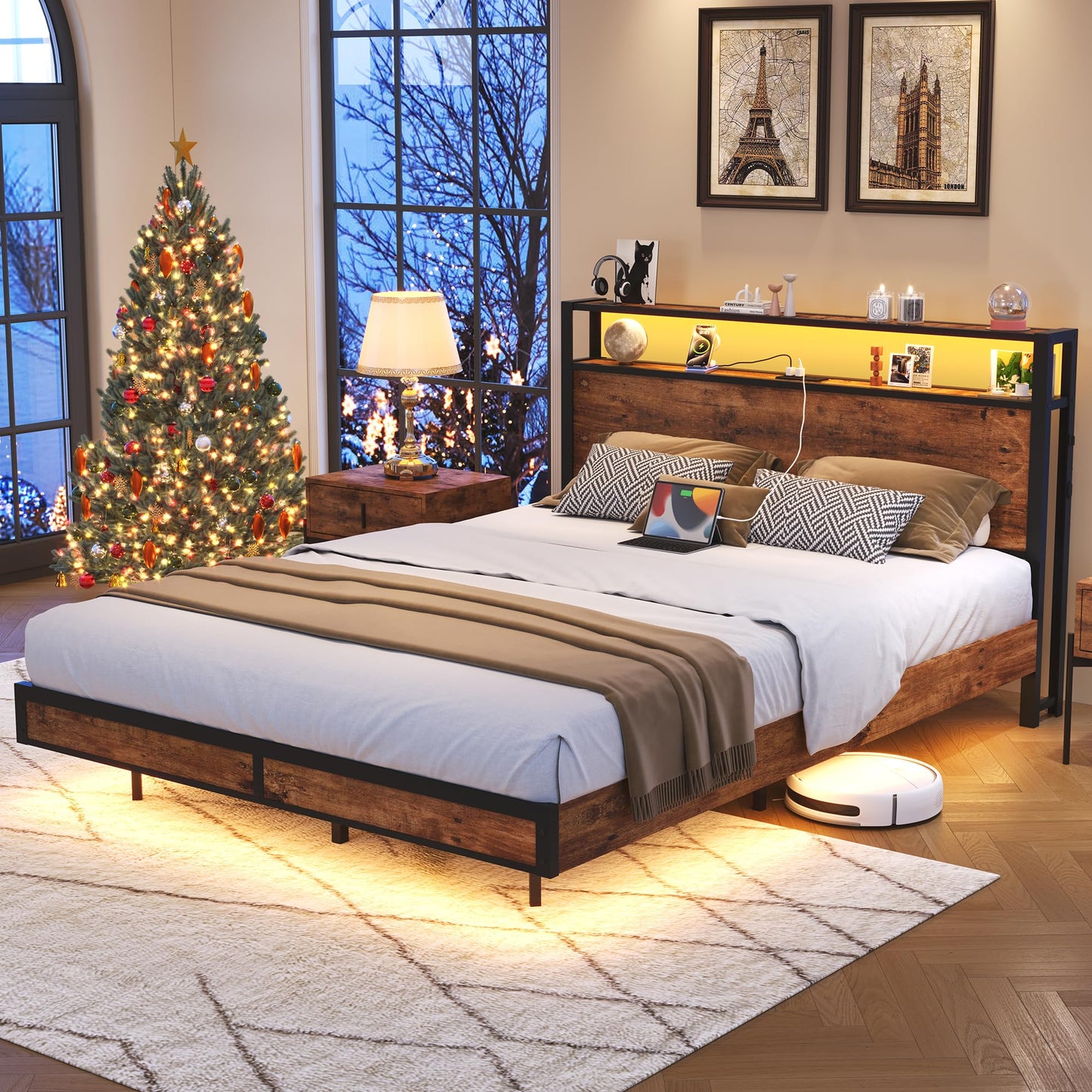 Bed Frame with 2-Tier Storage Headboard, Metal Platform Bed with Smart LED Lights & USB Charging Station, Noise-Free/Metal Support/No Box Spring Needed, Brown (Brown, Full)