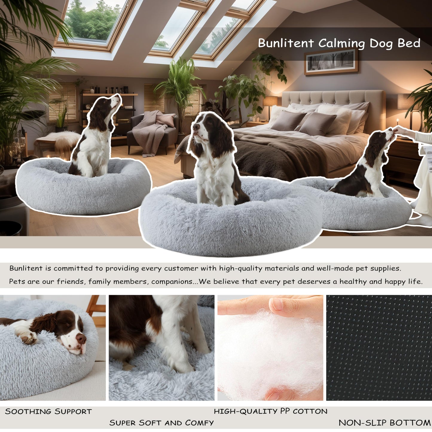 Bunlitent 39'' inch Calming Dog Bed, Plush Anti-Anxiety Donut Dog Bed for Small Medium Large Dogs, Warming Cozy Soft Cute Round Washable, Marshmallow Cuddler Nest Pet Bed, Grey