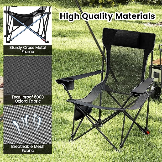 GYMAX Reclining Camping Chairs with Footrest, Lightweight Foldable Camping Chairs with Cup Holders, Adjustable Backrest, Headrest, Heavy Duty Camp Chair for Adult Outdoor Fishing Beach (Grey,2)