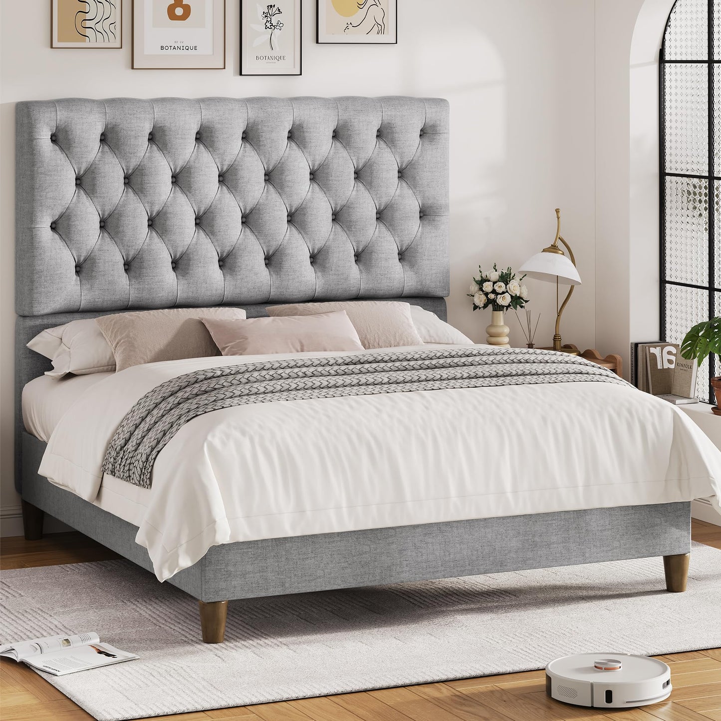 Algglobuy Queen Upholstered Bed Frame with 52.75" Tall Headboard, Platform Queen Bed with Deep Button Tufted, Solid Wood Slats Support, No Box Spring Needed, Noise-Free, Grey