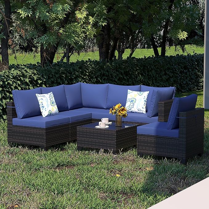 Ophelian 7 Pieces Outdoor Conversation Sectional Rattan Sofa, Patio Furniture Set, with Wicker and Cushions for Garden and Backyard, (Brown/Deep Blue)