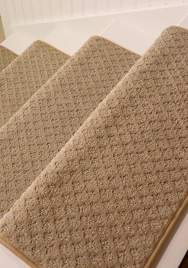 Oak Valley Designs™ Rounded Bullnose Carpet Stair Treads, Anti Slip Indoor Stair Mats for Wooden Stairs - Style: Bayside Charm, Wood Grain 35" W X 9.75" D (Set of 14)