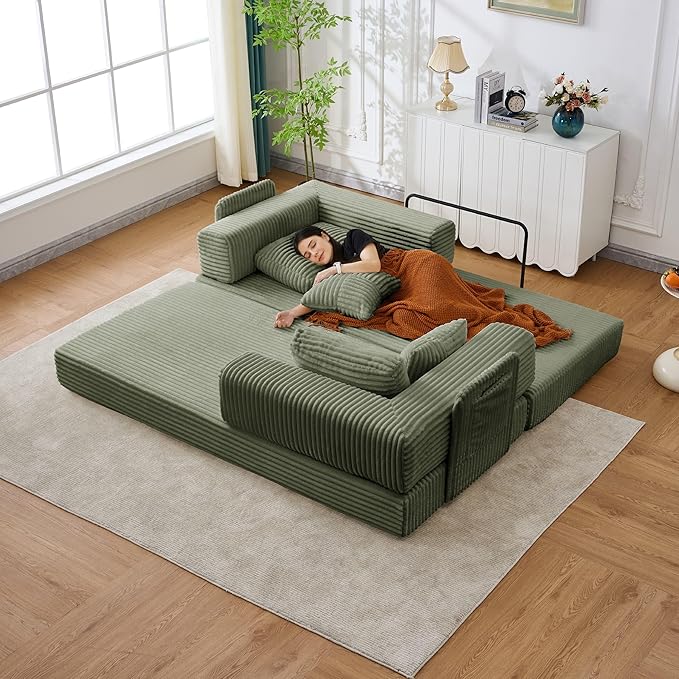 79.5" Folding Convertible Sofa Bed with Side Storage Pockets, 4-in-1 Corduroy Boneless Couch, No Assembly Loveseat Sleeper, Floor Sofa Daybed Futon Couch for Living Room Bedroom Lounge, Green Upgraded