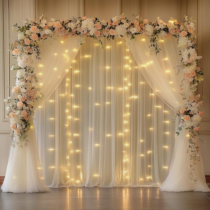 Fomcet Champagne Backdrop Curtains with Lights String 10X10FT Polyester Fabric & Tulle Curtains Backdrop Drapes for Back D...