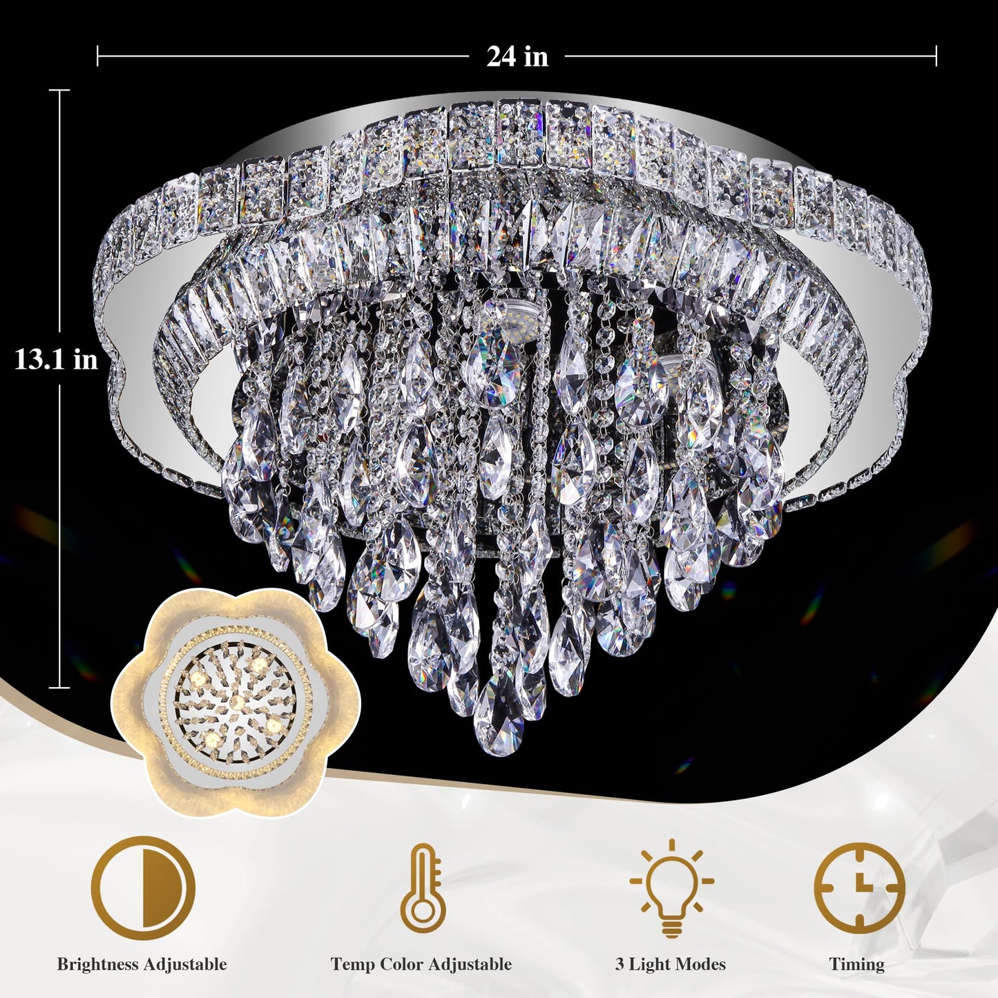 OSGNER 24" Sliver Crystal LED Ceiling Light Fixture with Remote Control,Flush Mount Chandelier with 3-Color Dimmable for Living Room Bedroom Dining Room Hallway - Modern Flower Design