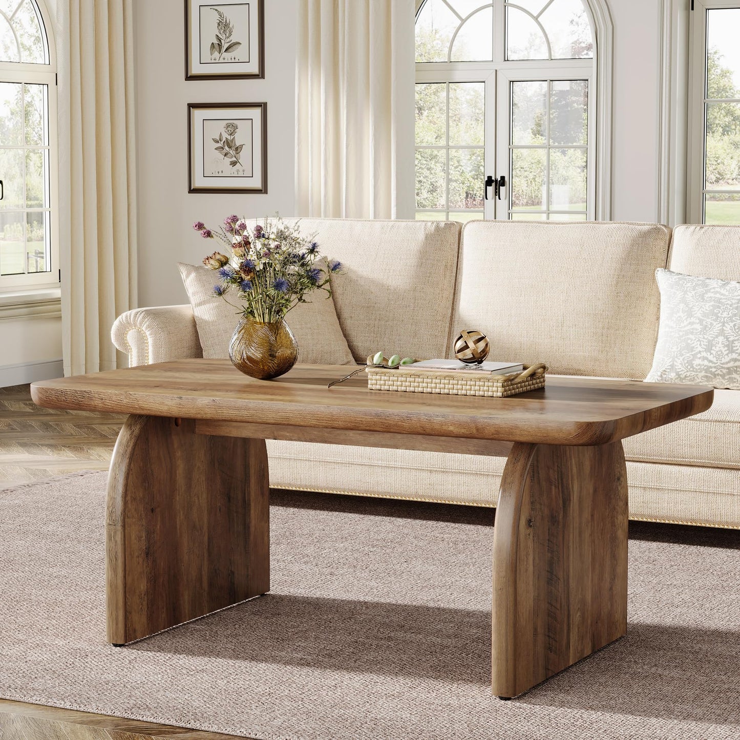 Tribesigns Rectangle Coffee Table, 47-Inch Wood Rectangular Living Room Table, Farmhouse Accent Center Low Cocktail Tea Table with Sturdy Base & Rounded Corners, Easy Assembly (Rustic Brown)
