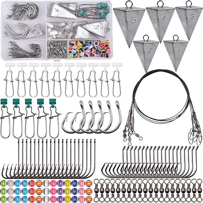 Surf Fishing Tackle Kit, 130pcs Saltwater Surf Fishing Rigs Fish Finder Rig Live Bait Rigs Include Fishing Leaders Pyramid...
