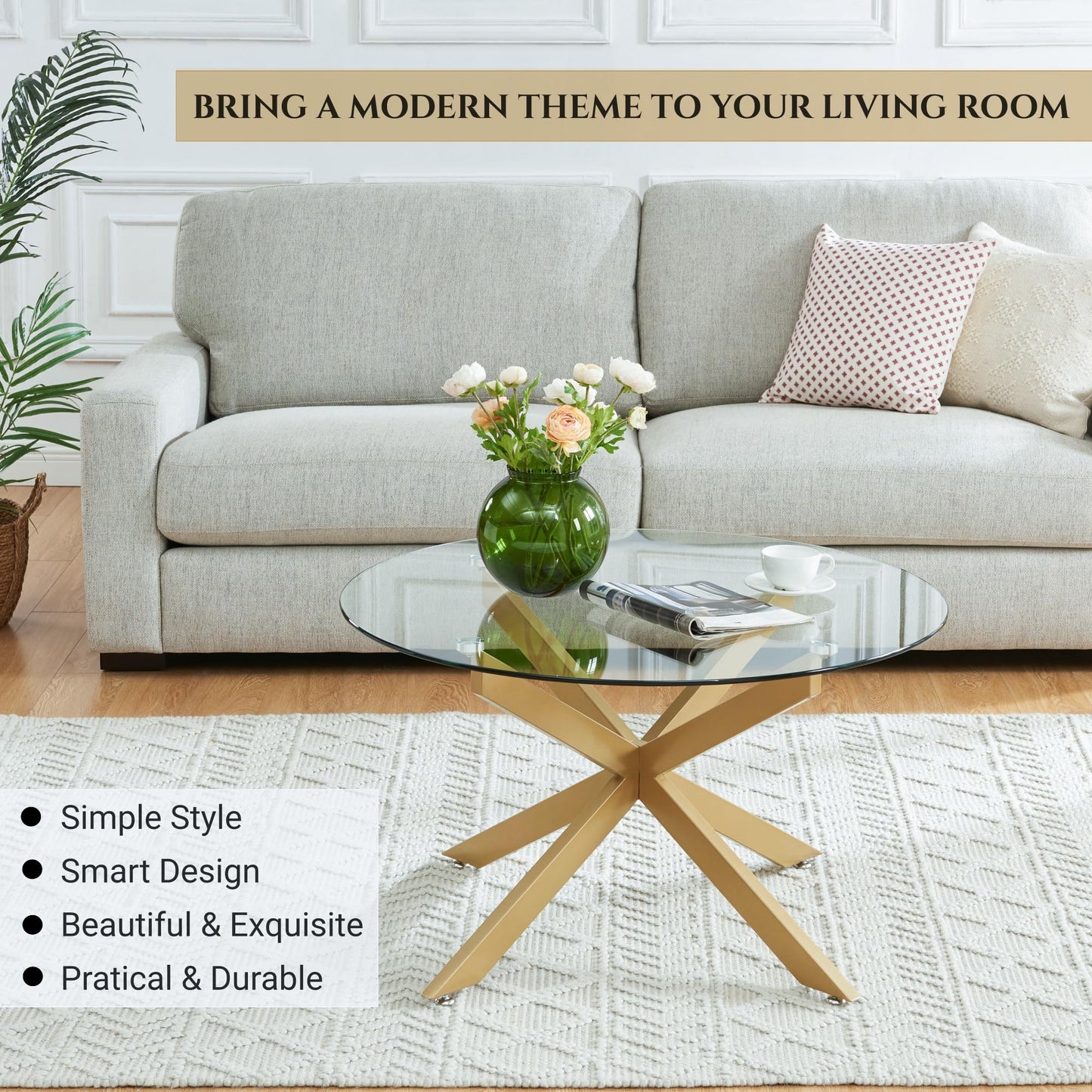 Gold & Round Glass Coffee Tables for Living Room, Home Office, Modern & Simple Center Table with Clear Tempered Glass Top, 35.5" Wx19.7 H