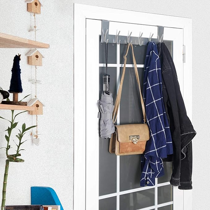 WEBI Over The Door Hook Door Hanger:Over The Door Towel Rack with 6 Hooks for Hanging Coats,Towel Hanger Door Coat Hanger Over Door Coat Rack for Towels,Clothes,Back of Bathroom,Silver
