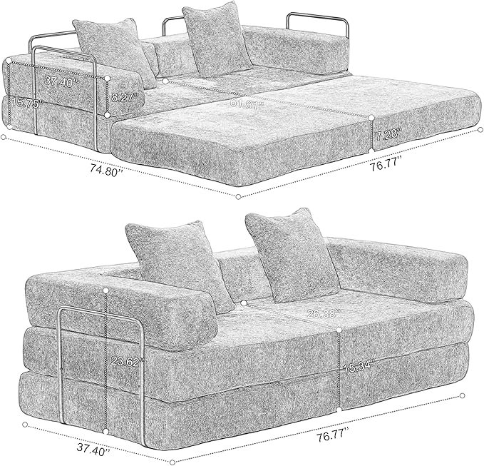 Convertible Couch Sofa Bed Foldable Floor Sleeper | Modern Fold Out Couch | Removable Backrest & Armrests | No Assembly Compression Sofa Sleeper for Living Room, Bedroom | Green Chenille