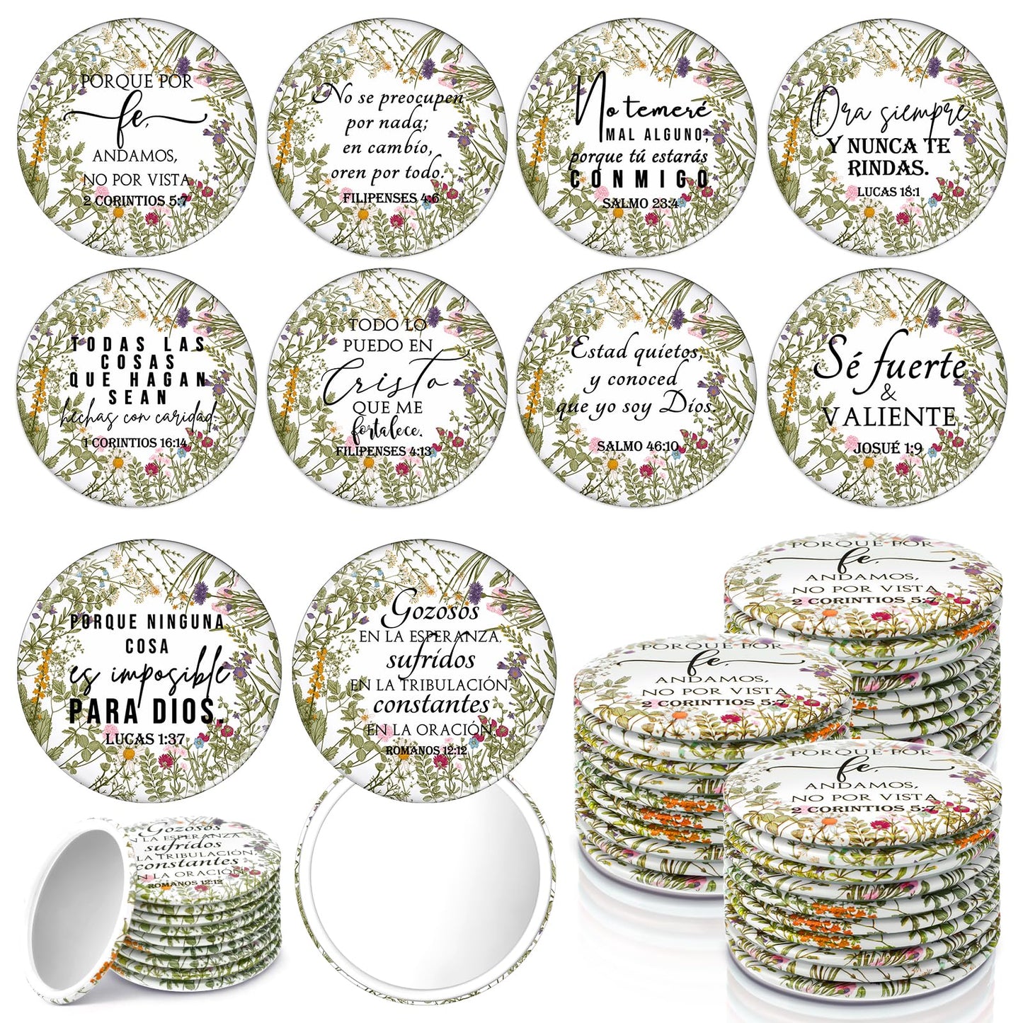 GlikCeil 40 Pcs Mini Bible Verse Compact Mirrors Bulk Religious Christian Gifts Wildflower Theme Pocket Mirrors Portable Small C
