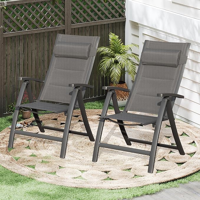 Domi Patio Folding Chairs Set of 2, Outdoor Reclining Camping Chairs Set with Moveable Headrest, Aluminum Frame Outdoor Po...