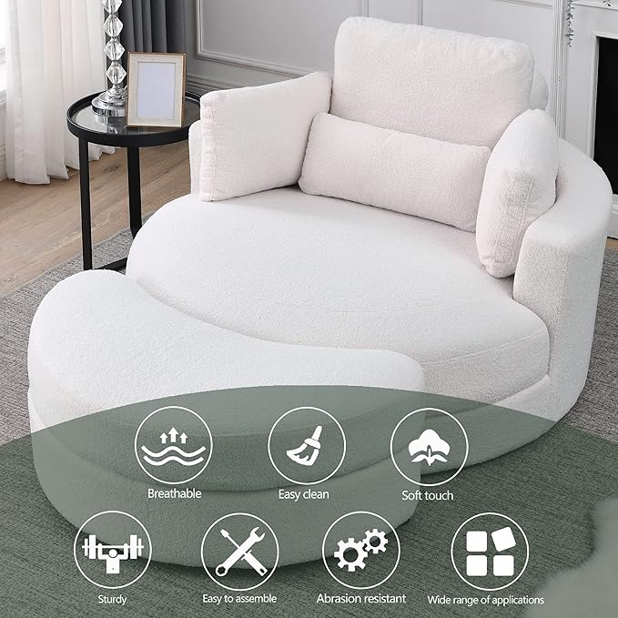 Yoglad Modern Swivel Accent Round Chair, Barrel Sofa with Storage Ottoman, Oversize Lounge Chair, Linen Fabric Round Chair with Pillows, for Living Room, Office (Lvory, 51")