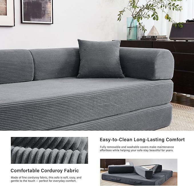 79" 5-in-1 Folding Convertible Sofa Bed, Oversized Corduroy Futon Floor Couch with Pull-Out Sleeper, Modular Boneless Loveseat for Small Spaces, Living Room, Bedroom (Dark Gray)