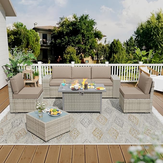 Broivira 7 Piece Patio Furniture Set with 50,000 BTU Rattan Fire Pit Table That Converts to Coffee Table, 9.8" Wide Arm Sectional Sofa with Storage Armrests, Outdoor Rattan Conversation Set, Khaki