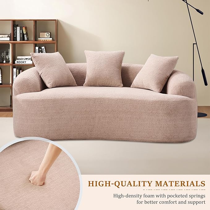 65'' Modern Curved Cloud Loveseat Sectional Sofa for Small Spaces, Luxury Plush Chenille Deep Seat Couch with 3 Pillows, No Assembly Needed Apartment Living Room Furniture, Apricot Cream