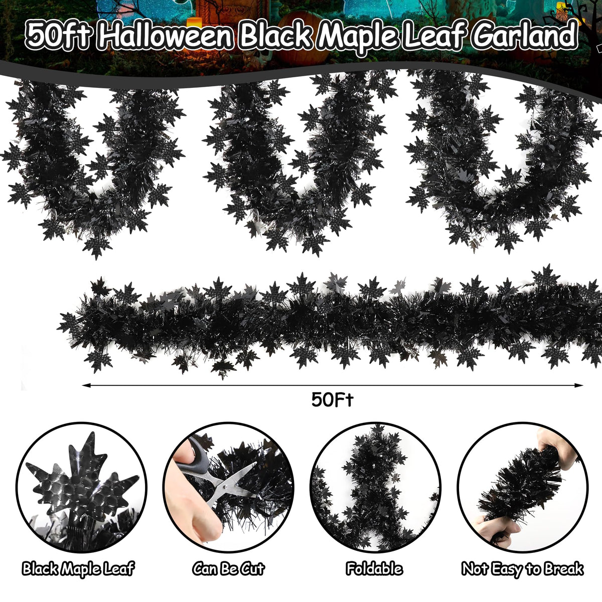 50FT Halloween Tinsel Garland Decorations, Black Shiny Metallic Streamer Garland with Maple Leaves for Home Tree Mantle Indoor Outdoor Halloween Party Supplies