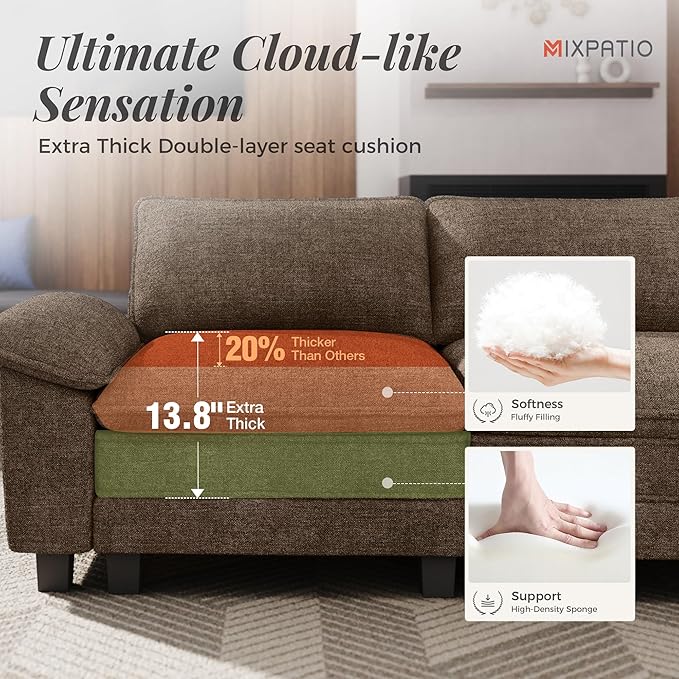 MIXPATIO U-Shaped Cloud Modular Sofa Set, Deep Seat 3-Piece 6-Seater Sectional Couch & Removable Arms, Plush Chenille for Living Room - Taupe