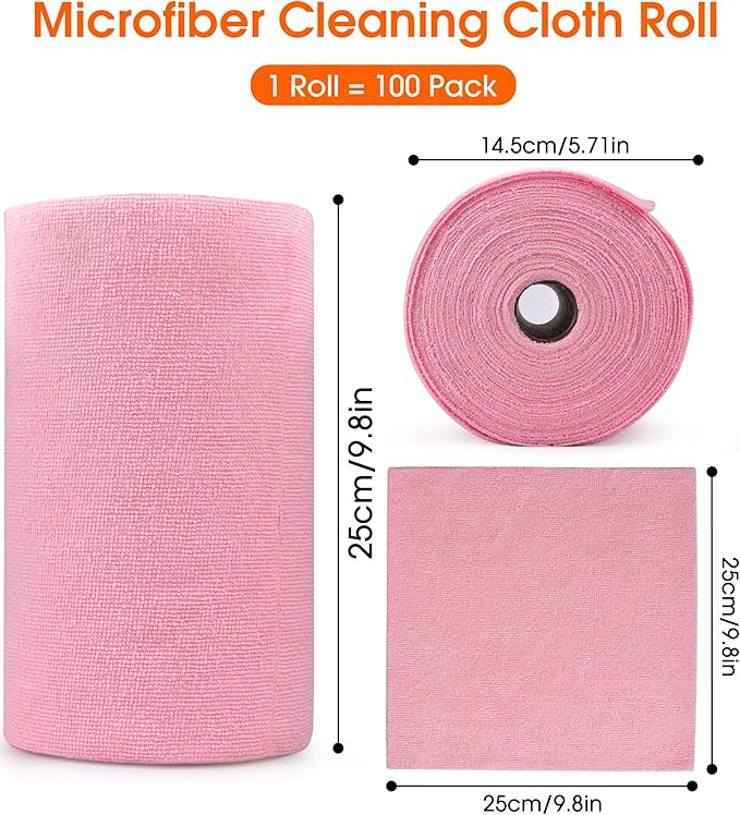 Microfiber Cleaning Cloth Roll–100 Pack, Tear Away Microfiber Towels, Reusable, Washable, Scratch-Free, Kitchen Towels for Car, Home, Kitchen, Glass, Dishes(Pink)