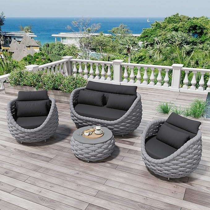 Erotr 4 Pieces Assembled Patio Conversation Sets, Hand Woven Rope Outdoor Furniture Sofa Set - Aluminum Modern Cushions Couch Armchair Table Set - All Weather for Indoor Deck Porch Backyard Hotel