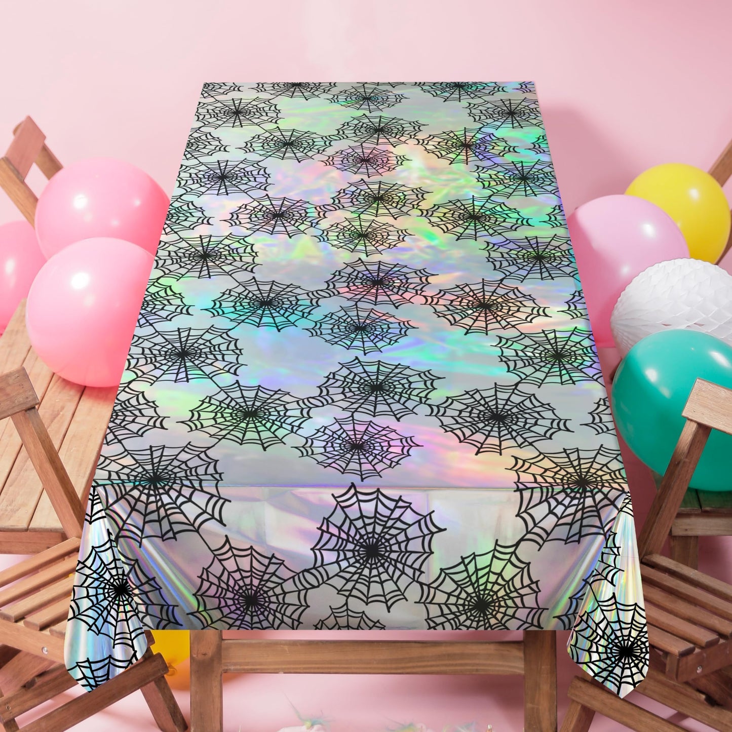 Cheerland Spiderweb Tablecloth Iridescent Holographic Foil Table Cover Halloween Party Decorations Disposable Plastic Cloth for Spooky Birthday Bachelorette Bridal Shower Halloween Party Supplies 2pcs