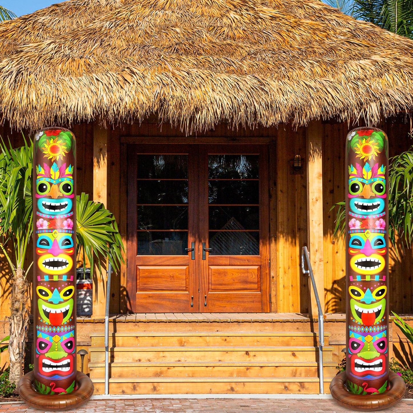 Leyndo 2 Pack 6 ft Inflatable Tiki Luau Party Decorations Hawaiian Luau Tropical Inflatables Tiki Decorations Blow up Party Beach Supplies for Hawaiian Parties Bar Summer Pool Outdoor Yard Decor