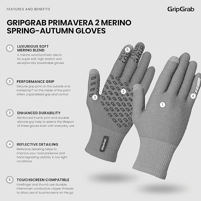 GripGrab Primavera 2 Merino Wool Spring Autumn Cycling Gloves Knitted Touchscreen Full Finger Anti Slip Bicycle Liners
