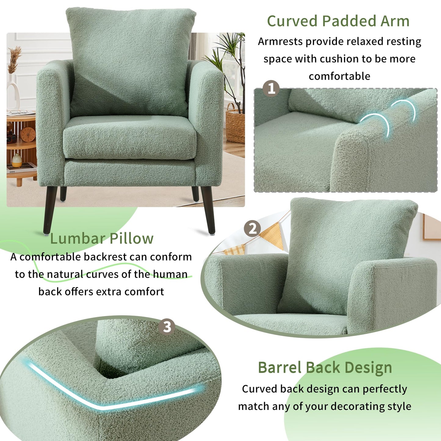 QKFF Barrel Accent Chair with Back Pillow, Large Teddy Upholstered Armchair with Solid Wood Legs Modern Reading Chairs for Living Room Bedroom