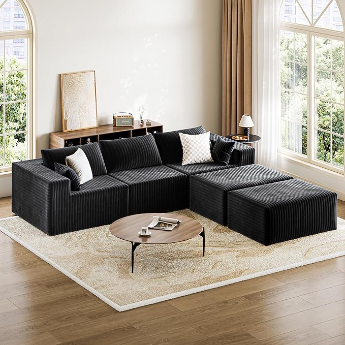 CABZOON 110" Cloud Couch Sectional for Living Room U-Shape Boneless Couches Modular Sectional Sofa with Deep Seat with Chaise,No Assembly Required, Carbon Black(Plush Corduroy Fabric)