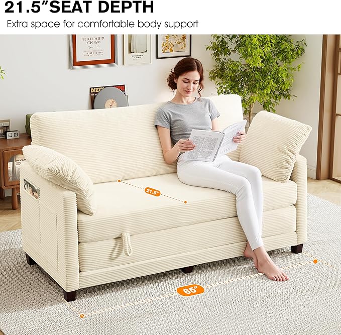 kakuboohi 65" Loveseat Sleeper Sofa Bed, Corduroy Convertible Sofa Bed for Small Spaces, Folding Couch Bed with Deep Seat, 2 Pillows & Solid Frame, Pull Out Floor Couches for Living Room, Beige