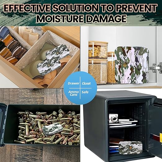 40 Gram Gun Safe Dehumidifier Camouflage, Rechargeable Desiccant Canister Dehumidifier Bags, Reusable Silica Gel Packets Moisture Absorbers for Car, Bathroom, Basement [4PACK]
