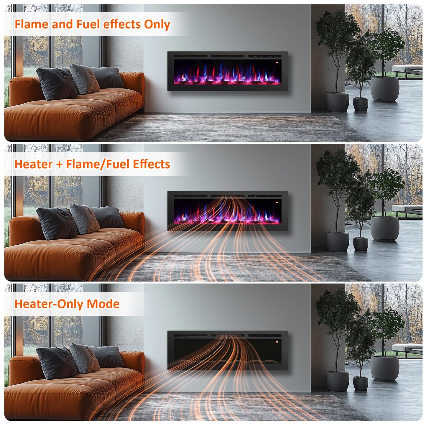Rodalflame 48" Electric Fireplace Inserts, Adjustable Flame&Speed, Thermostat Heater, Recessed, Wall Mount, Freestanding, Brightness, Child Lock, Timer