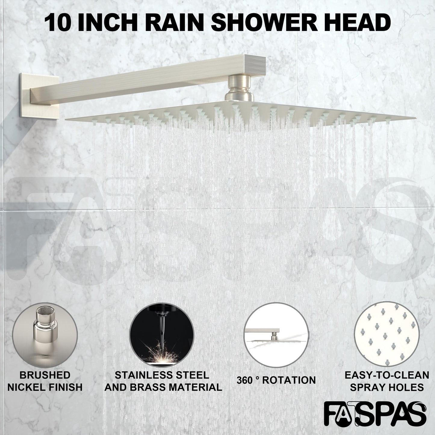 Fatspas Luxury Rain Shower System with 10 Inch High Pressure Showerhead and Handheld Combo, Brushed Nickel Shower Faucet Set with Pressure Balance Valve, Wall Mounted 2-Way Shower Trim Kit