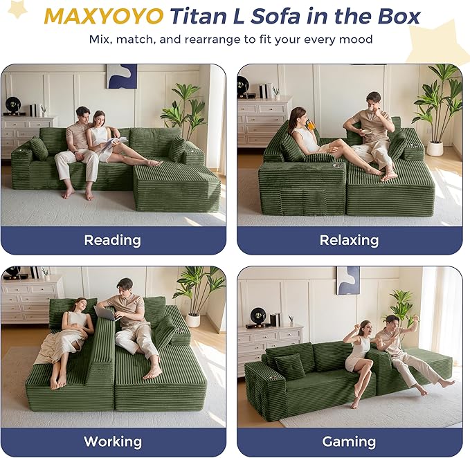MAXYOYO 104" Modular Sectional Couch with L-Shape Chaise, Modern Boneless Couch for Living Room, Sofa in A Box, Oversized Sofa Sleeper with Deep Seat, No Assembly Required, Green