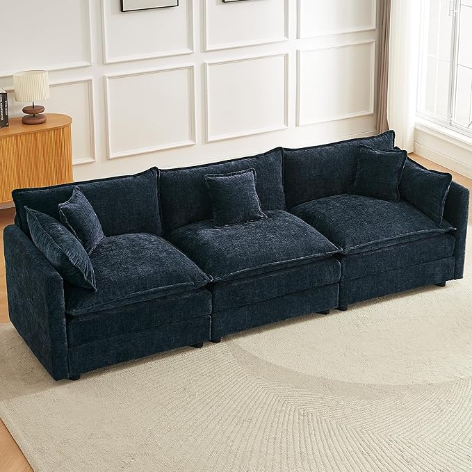 saows Modular Sectional Sofa, 112.2 Inch Rectangle Shaped Couch Set with Armrests, 3-Seater Comfy Cloud Couches for Living Room Apartment, Blue