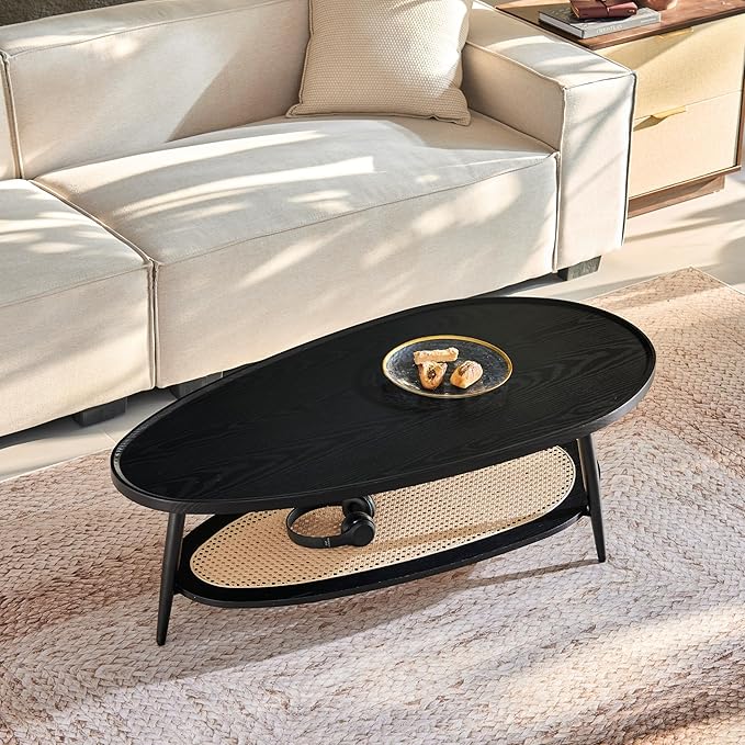 Saint Mossi Oval Wood and Rattan Coffee Table for Living Room, Mid-Century Modern Wood Coffee Table, Center Table for Small Space, Black and Rattan Board, D47xW23.6xH15