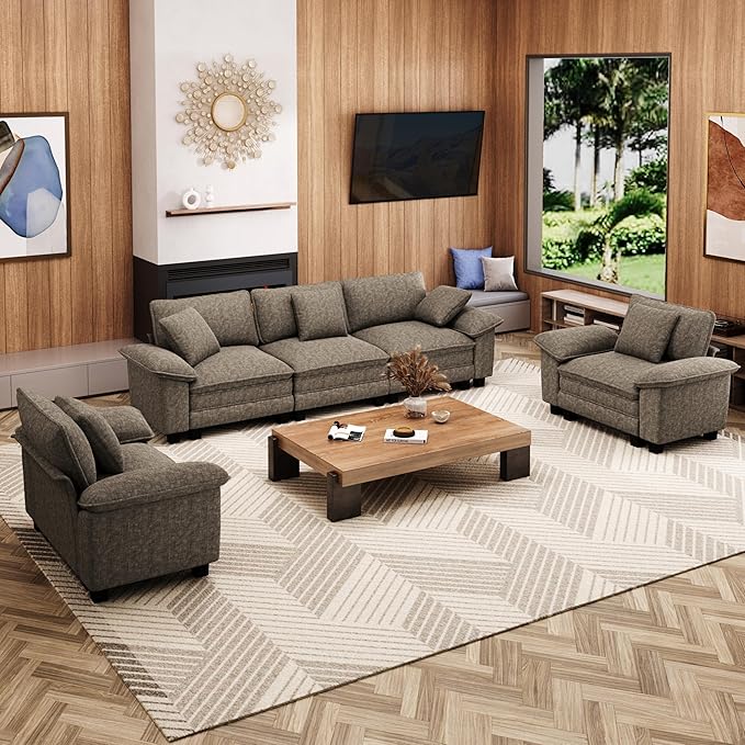 MIXPATIO L-Shaped Cloud Modular Sofa Set, Deep Seat 3-Piece 5-Seater Sectional Couch & Removable Arms, Plush Chenille for Living Room - Smoky Gray