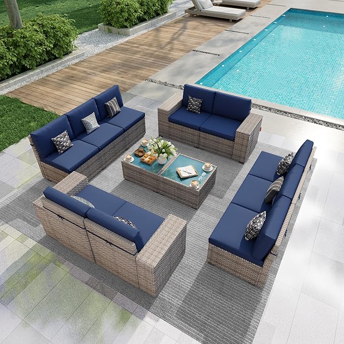 PCSXDSW 12 Pieces Patio Conversation Set, Rattan Furniture Set with Wide Armrests and Coffee Table, Outdoor Modular Sectional Couch Wicker Sofa for Garden Backyard Balcony Porch Deck (Blue Cushions)