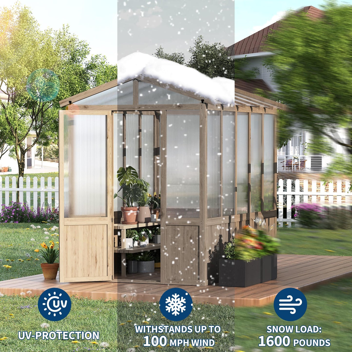 GarveeLife 6x8FT Wooden Greenhouses for Outdoors, Wooden Walk-in Green House with Cedar Frame, Greenhouse Kit with 6MM Thick Polycarbonate Panel