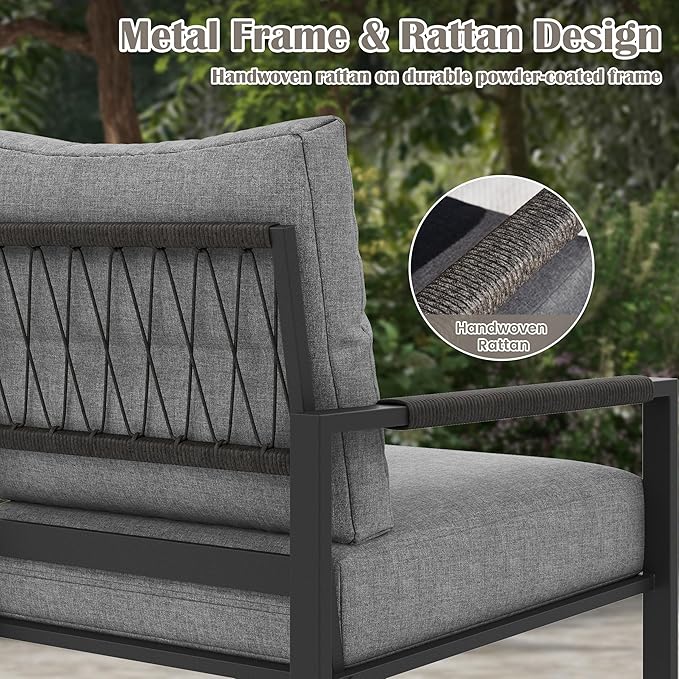 PATIOCHIC 3 Pieces Rattan Outdoor Furniture Set, All-Weather Patio Conversation Set with Dark Grey Cushions and Coffee Table for Garden, Backyard, Balcony, Poolside