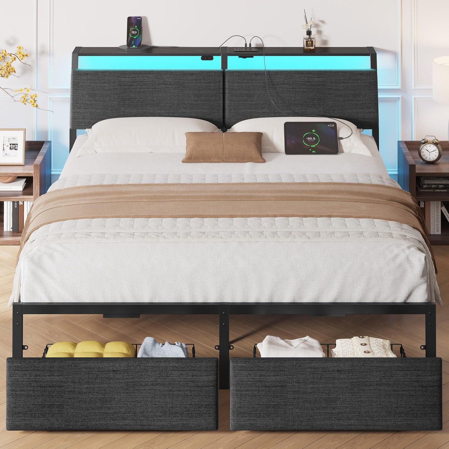 Rolanstar Queen Bed Frame with Ergonomic Headboard Storage & Charging Station, Upholstered Platform Bed with LED Light & Drawer, Heavy Duty Metal Slats, Noise Free, No Box Spring Needed, Grey