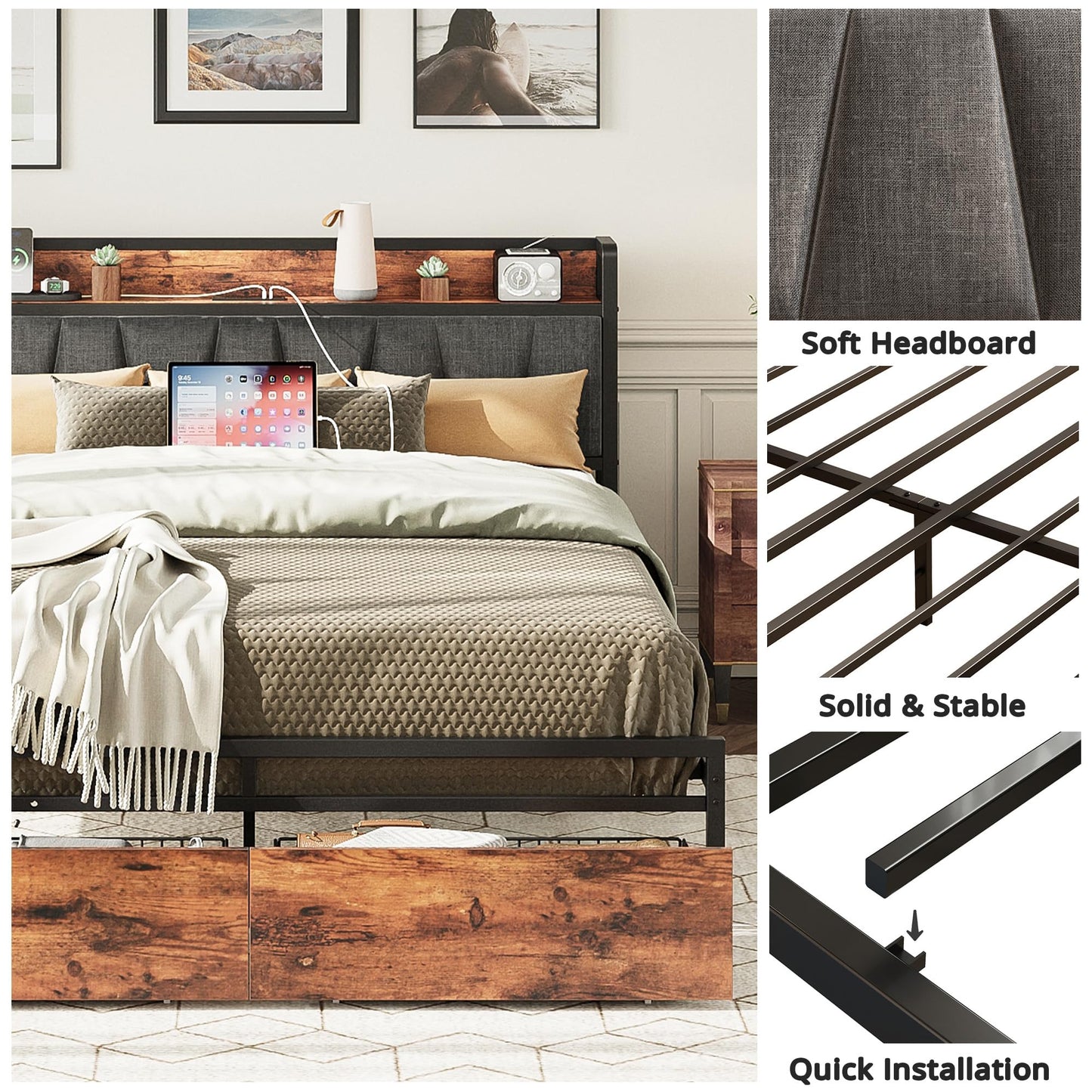 LIKIMIO Queen Bed Frame, Storage Headboard with Charging Station, Platform Bed with Drawers, No Box Spring Needed, Easy Assembly, Vintage Brown and Gray