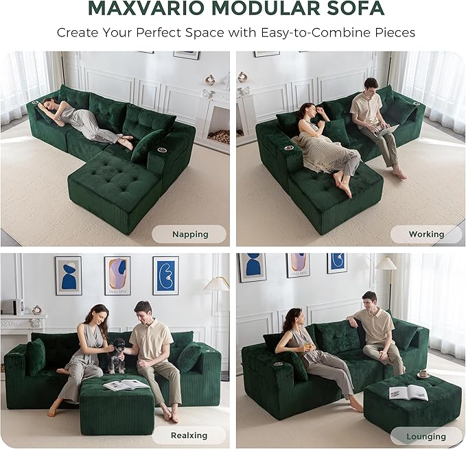 MAXYOYO Modular Sectional Sofa Couch, L Shaped Modern Cloud Couch with Ottoman, Sofa in A Box, Tufted 4-Seat Boneless Sleeper Chair for Living Room, No Assembly Required, Green