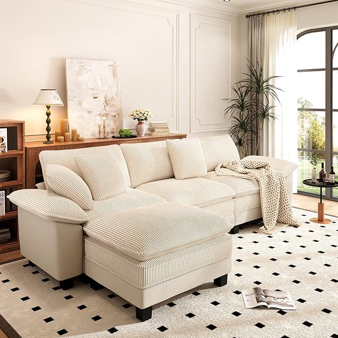 PHI VILLA Cloud Modular Couch Sets, 123.6" Sectional Sofa with L-Shaped Chaise Ottoman, 4-Seater Couches with Upholstered Deep Seat for Living Room, Chenille Corduroy Dual Fabric, Beige