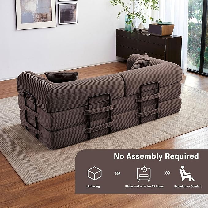 79" 5-in-1 Folding Convertible Sofa Bed, Oversized Corduroy Futon Floor Couch with Pull-Out Sleeper, Modular Boneless Loveseat for Small Spaces, Living Room, Bedroom (Brown)
