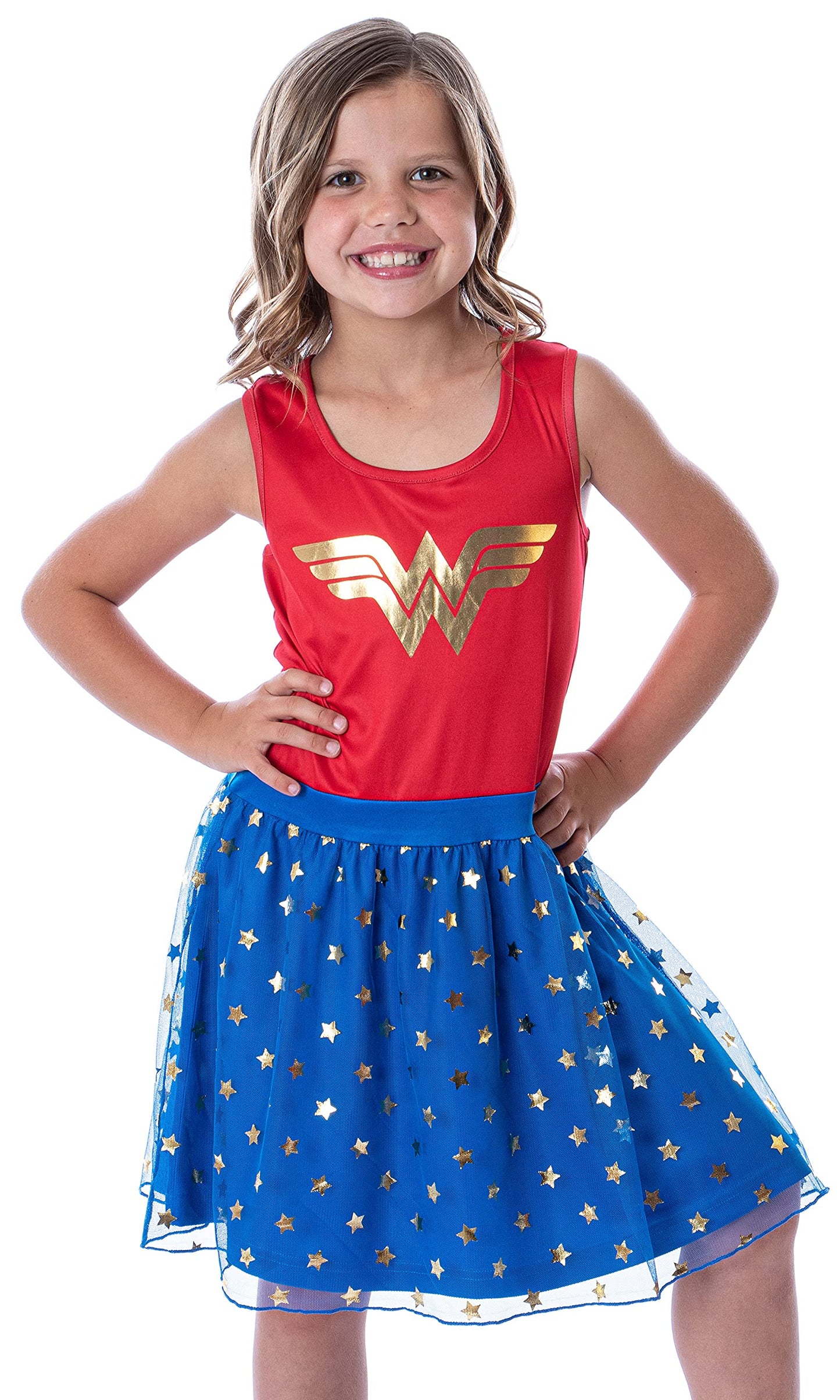 INTIMO DC Comics Girl's Wonder Woman Logo and Stars Tank Nightgown Costume Pajama Dress (6/6x)