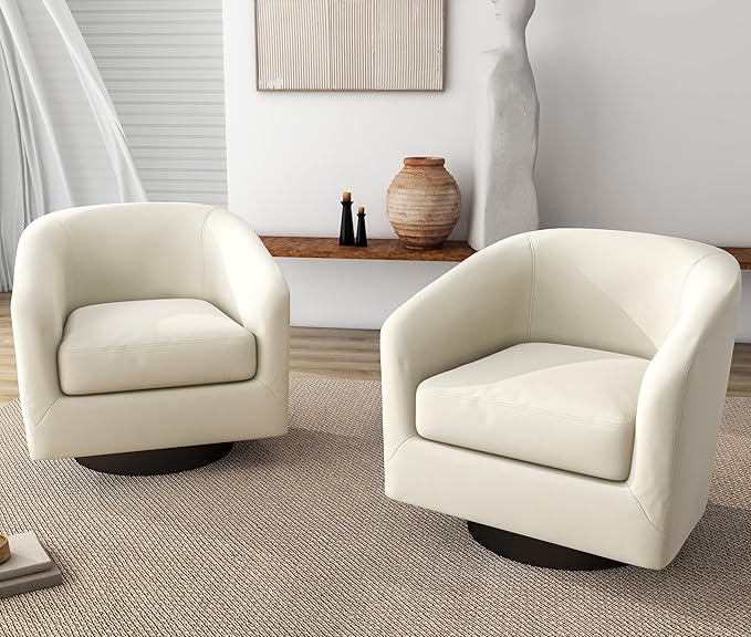 UIXE 360° Swivel Barrel Accent Chair Armchair, Modern Round Club Arm Chair Upholstered Living Room Single Sofa Seating Bedroom Side Reading Seat in Fabric for Home Office (Beige)